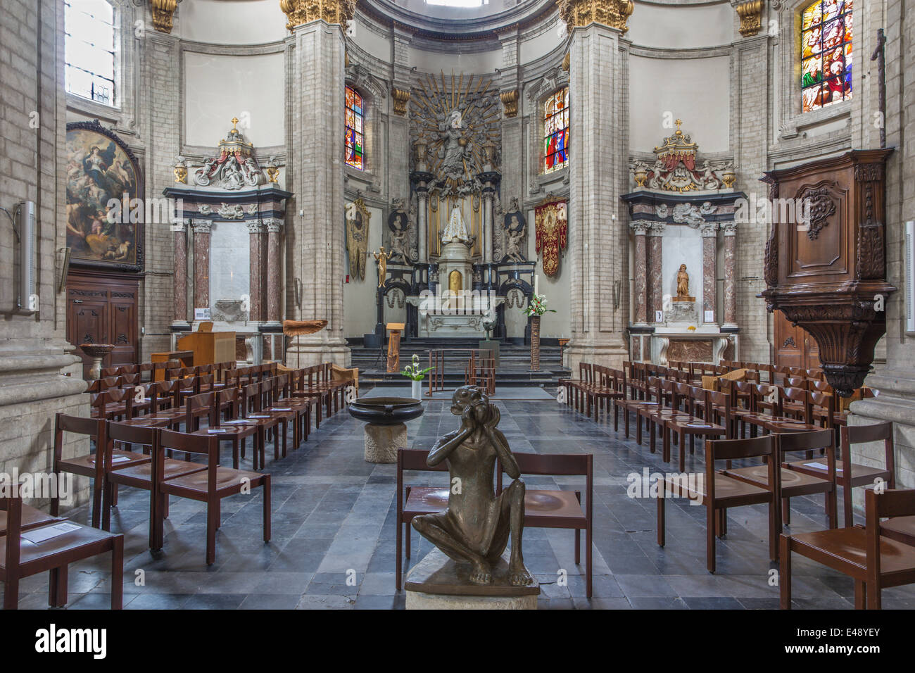 BRUSSELS, BELGIUM - JUNE 15, 2014: The indoor of baroque church Notre Dame du Bon Secource. Stock Photo