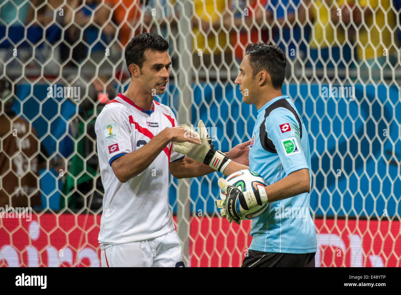 Salvador, Brazil. 5th July, 2014. Giancarlo Gonzalez, Keylor Navas (CRC) Football/Soccer : Giancarlo Gonzalez of Costa Rica celebrates scoring in a penalty shoot out with Keylor Navas during the FIFA World Cup Brazil 2014 quarter-finals match between Netherlands 0(4-3)0 Costa Rica at Arena Fonte Nova stadium in Salvador, Brazil . Credit:  Maurizio Borsari/AFLO/Alamy Live News Stock Photo