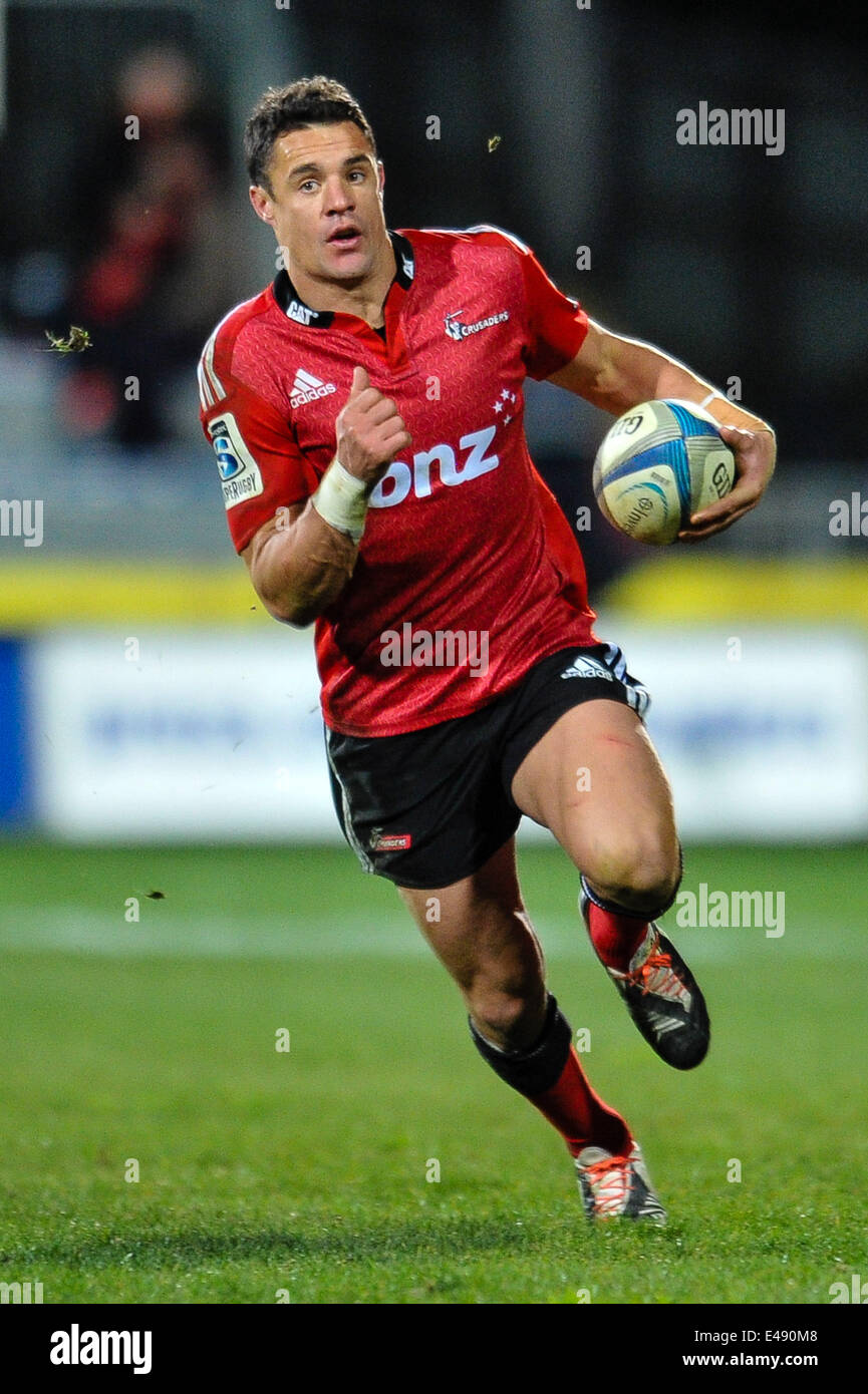 Christchurch, New Zealand. 05th July, 2014. Dan Carter of the Crusaders on a burst in the Super rugby match, Crusaders versus The Blues, at AMI Stadium, Christchurch Credit:  Action Plus Sports/Alamy Live News Stock Photo