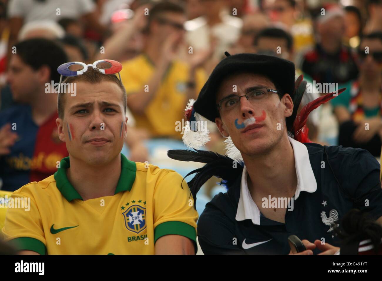 2014 FIFA World Cup Brazil. French fans at Maracanã in the quarterfinals match against Germany, who won 1-0. Rio de Janeiro, Brazil, 4th July, 2014. Stock Photo