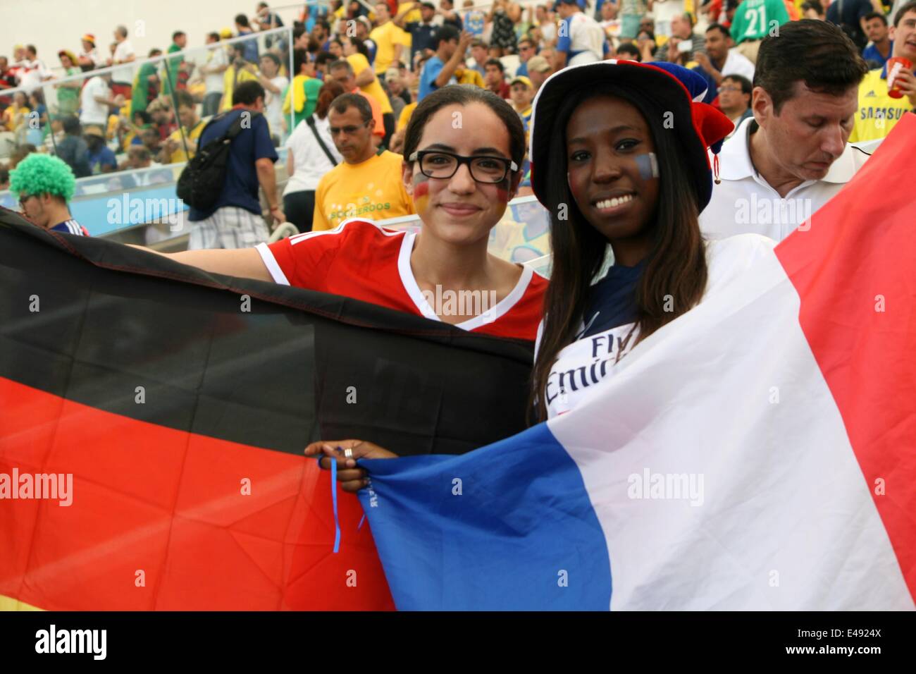 2014 FIFA World Cup Brazil. German and French fans at Maracanã in the quarterfinals match France 0-1 Germany. Rio de Janeiro, Brazil, 4th July, 2014. Stock Photo