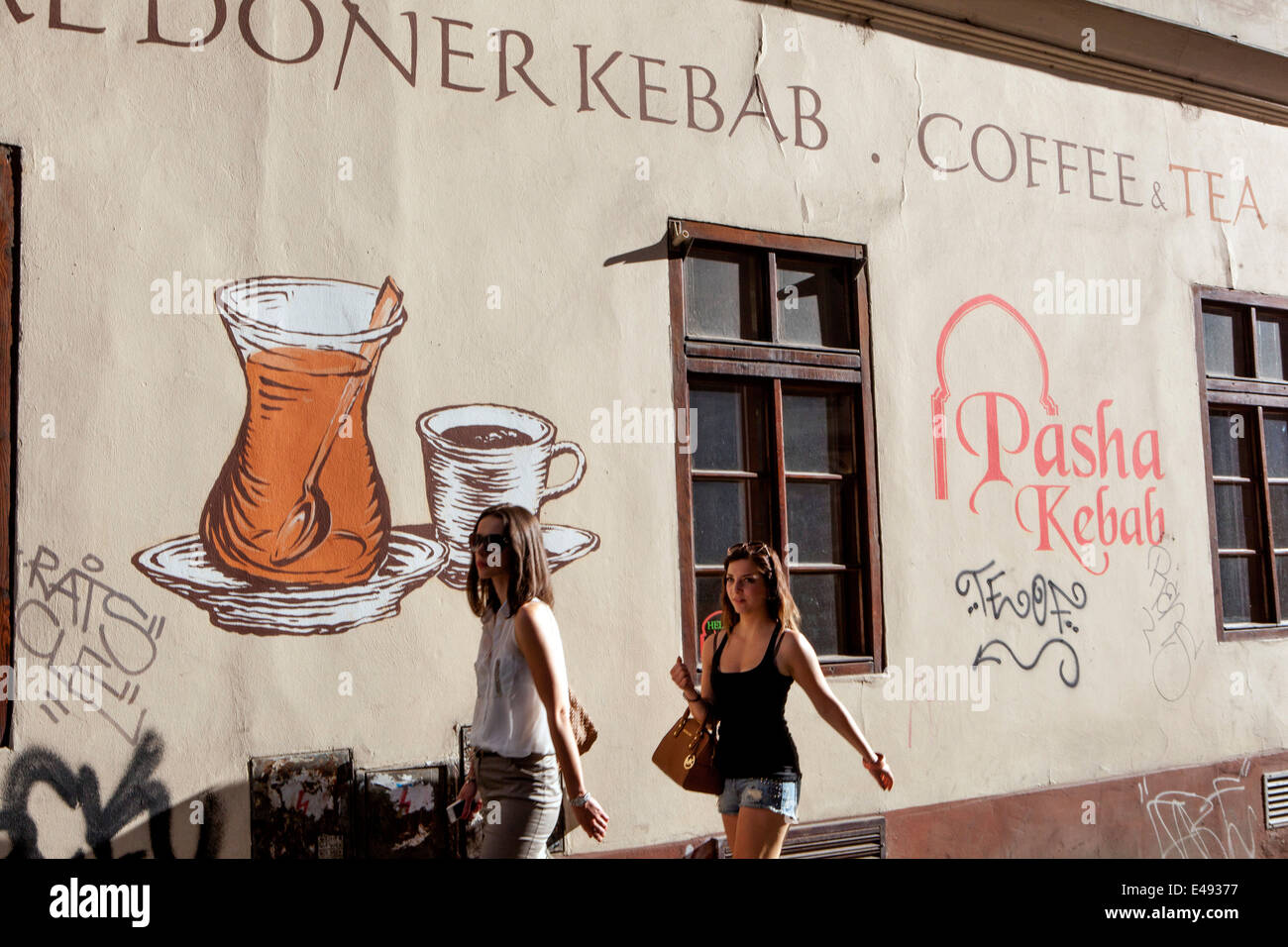 Prague street  Two young women, Czech Republic Stock Photo