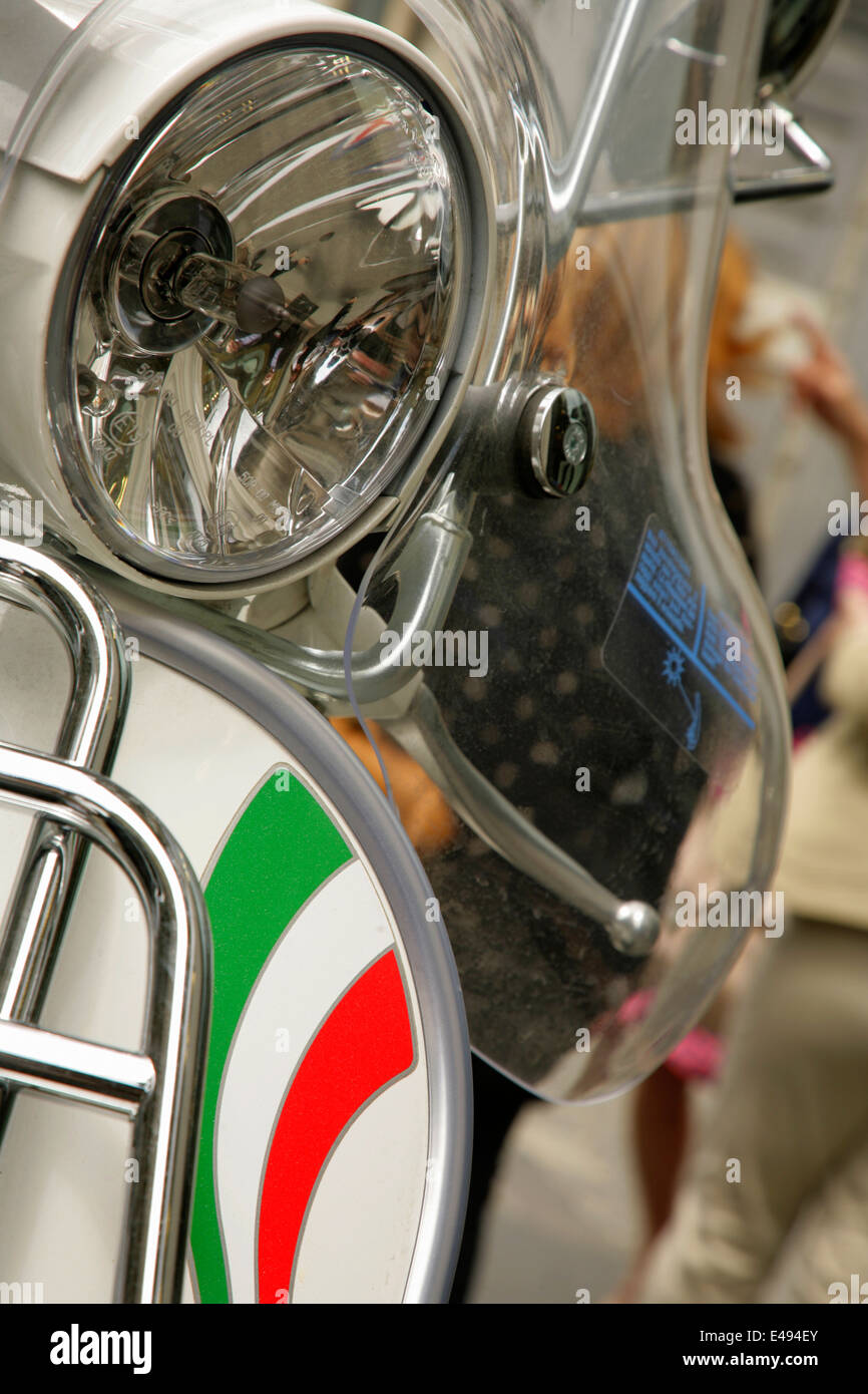 Special edition Vespa motorscooter commemorating 150 years of the unification of Italy, parked in Milan. Stock Photo
