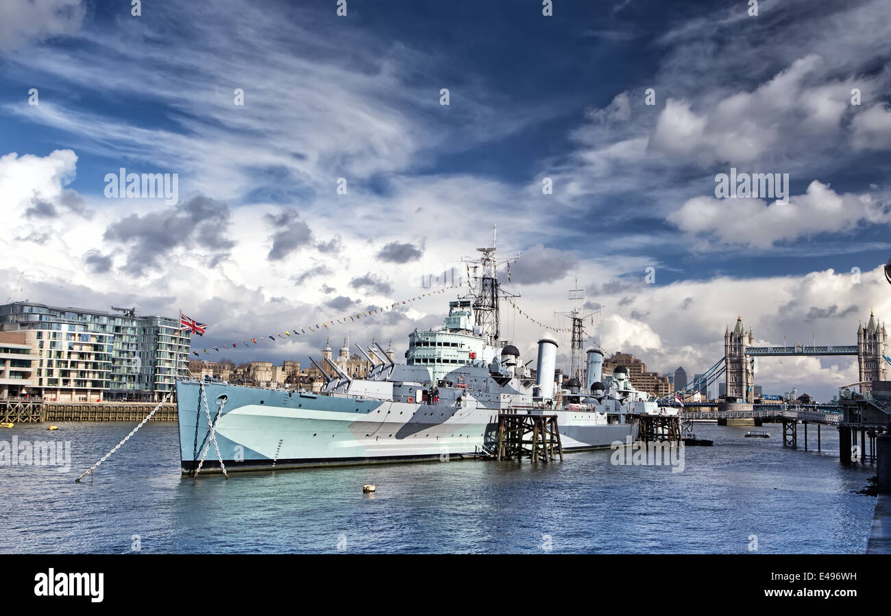 City of London and HMS Belfast warship in London Stock Photo