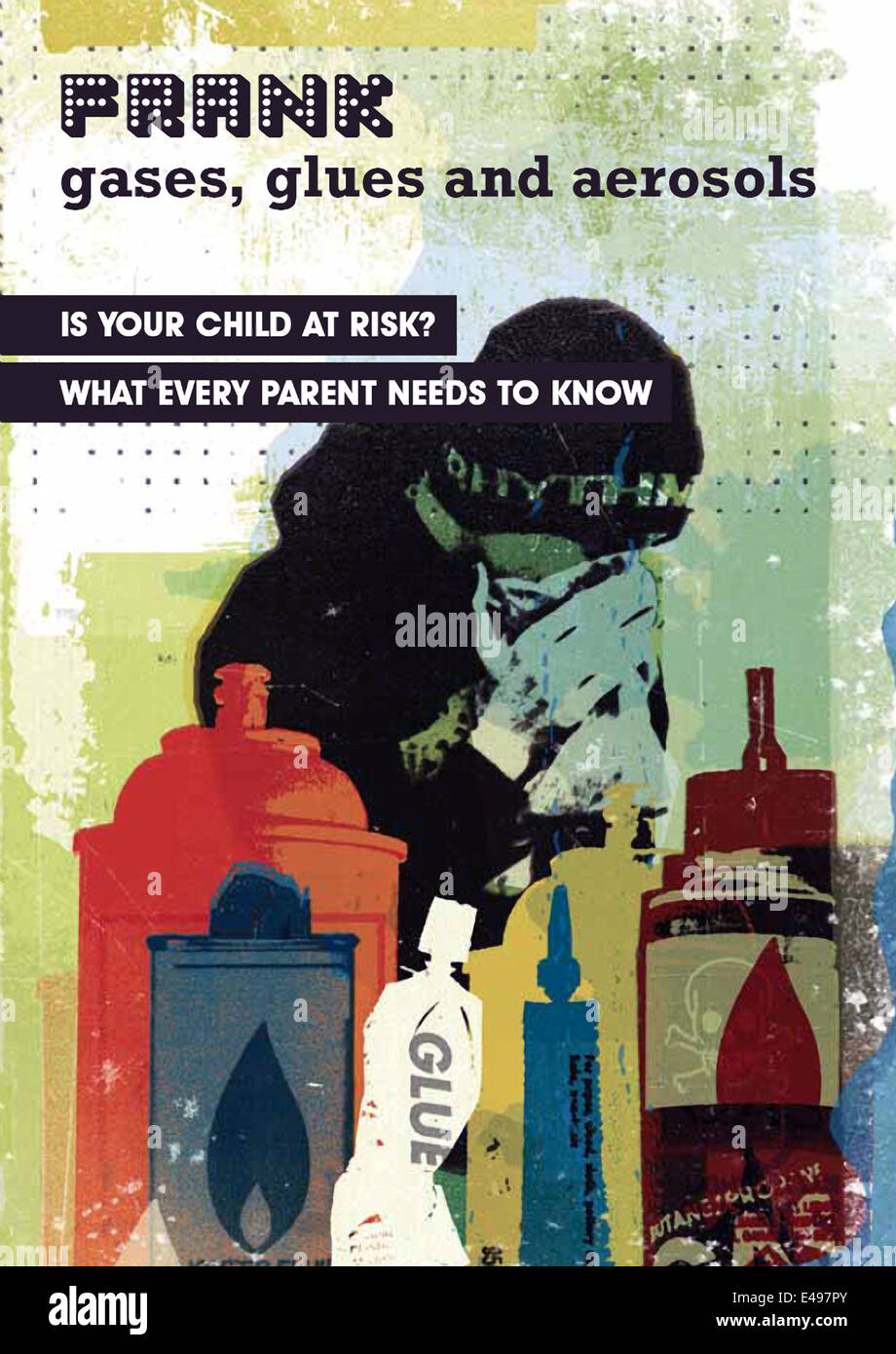 Drug information awareness raising poster released in January 2012 as part of the FRANK anti-drug campaign in the United Kingdom. The leaflet contains information about gases, glues and aerosols and is designed to educate parents and carers about the effects, dangers and signs of use. Stock Photo