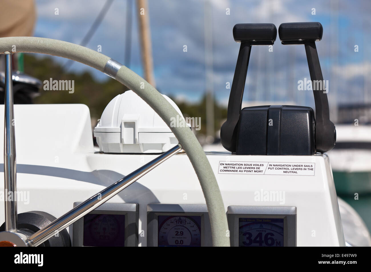 Sailing yacht control wheel and implement. Horizontal shot without people Stock Photo