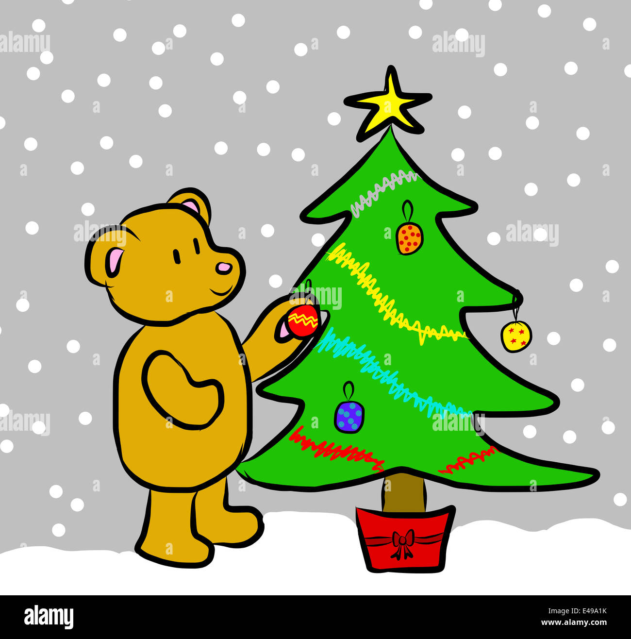 Illustration of a teddy bear decorating a Christmas Tree Stock Photo