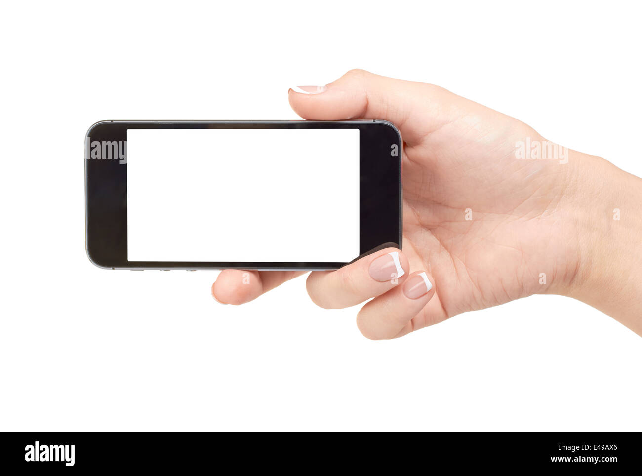Hand holding mobile smart phone with blank screen, isolated on white ...