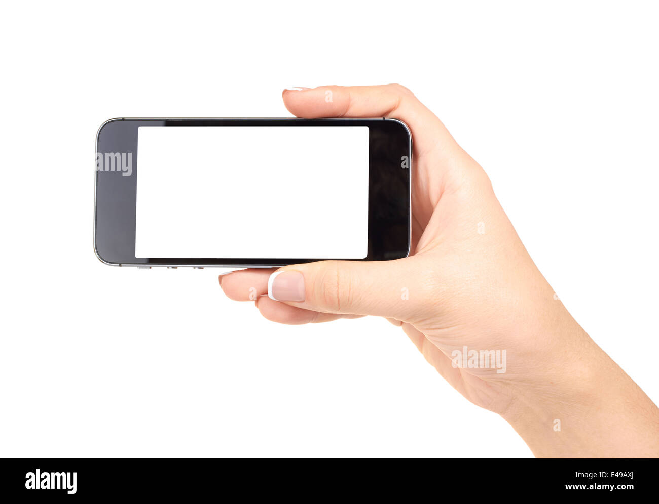 Hand holding mobile smart phone with blank screen, isolated on white Stock Photo