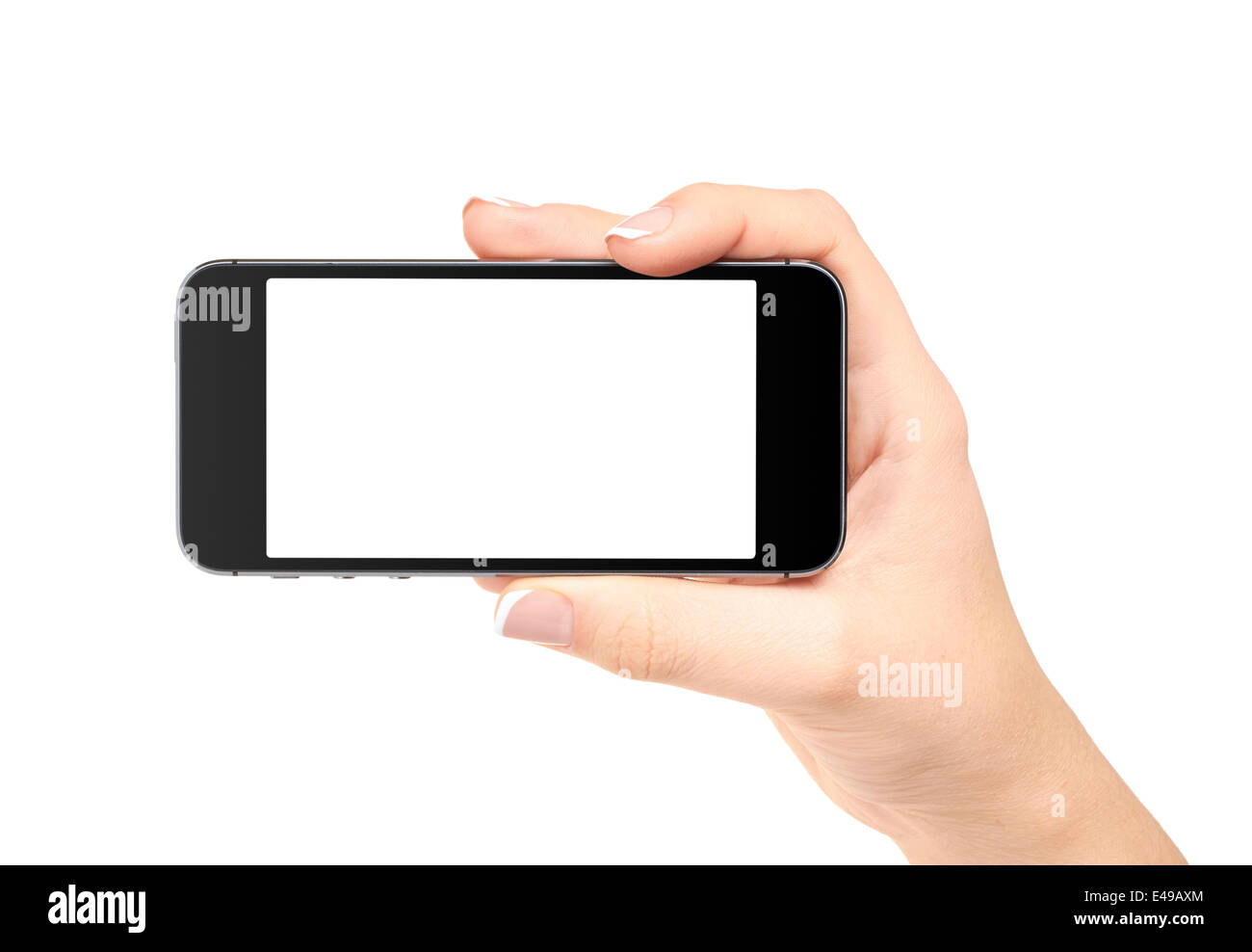 Hand holding mobile smart phone with blank screen, isolated on white ...