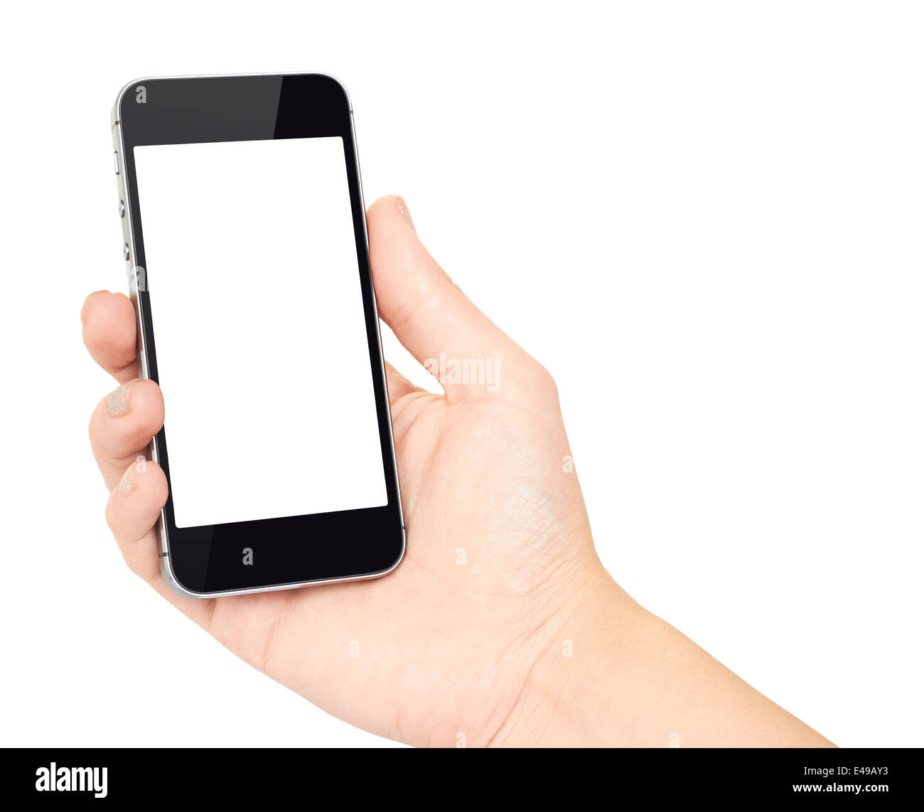 Hand holding mobile smart phone with blank screen, isolated on white Stock Photo