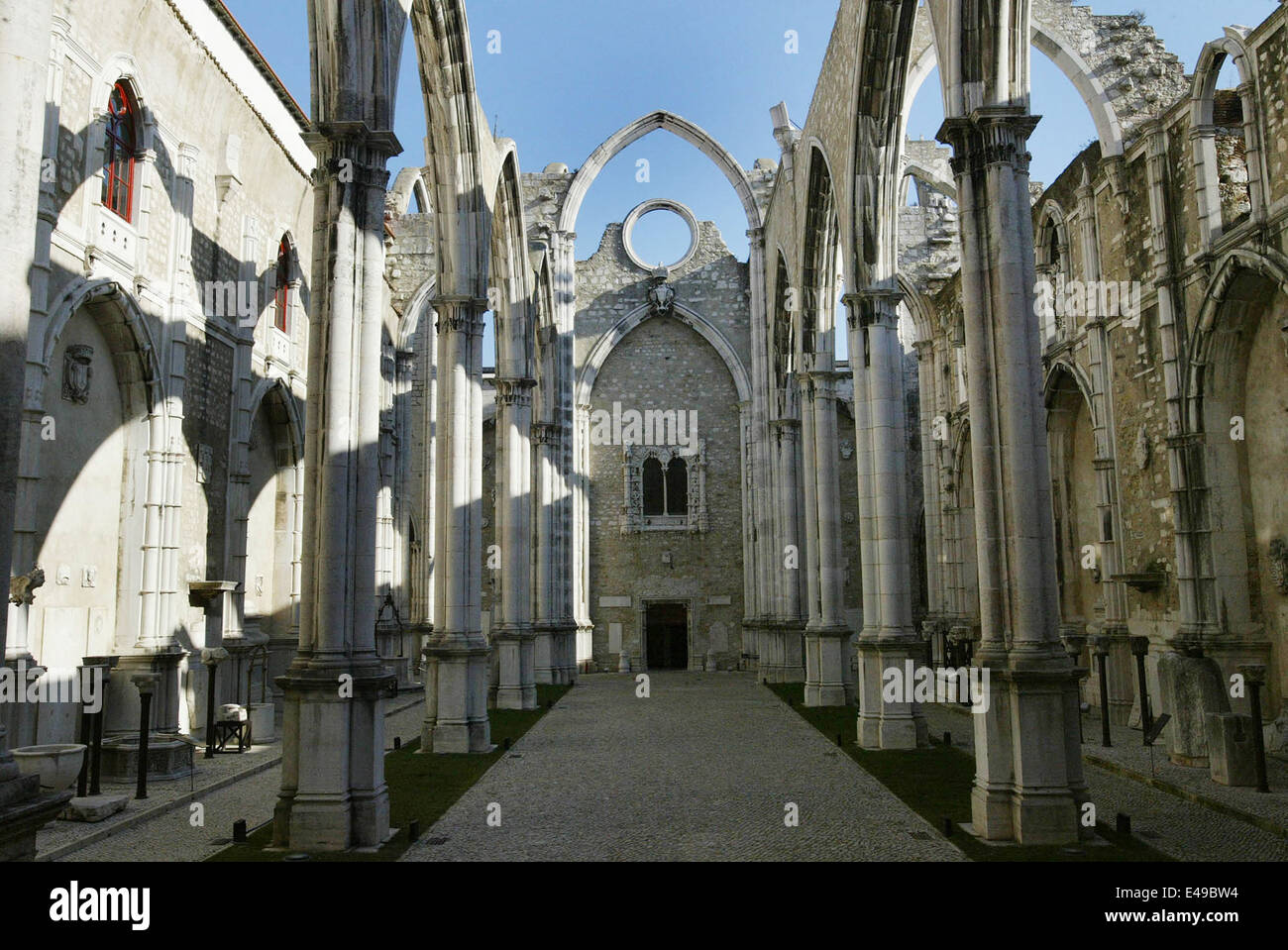 shows the ruins of Lisbon's 16th century Carmo church, partly destroyed by the earthquake that hit the city 01 November 1755. Stock Photo