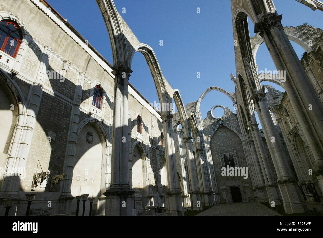 shows the ruins of Lisbon's 16th century Carmo church, partly destroyed by the earthquake that hit the city 01 November 1755. Stock Photo