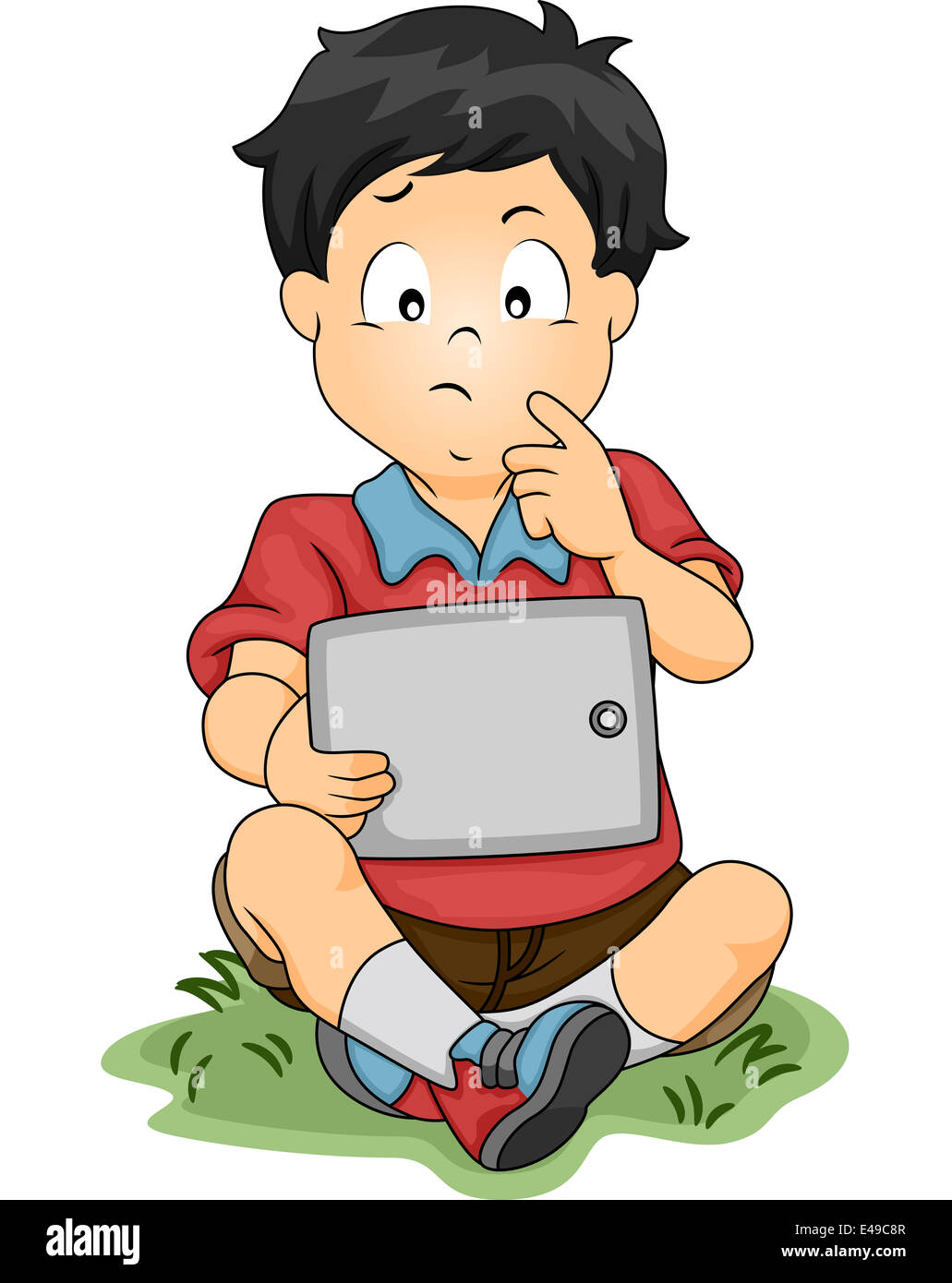 Illustration of a Little Boy Thinking About Something While Looking at a  Tablet Stock Photo - Alamy