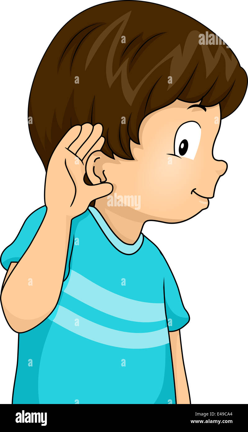Illustration of a Little Boy with His Hand Pressed Against His Ear in a