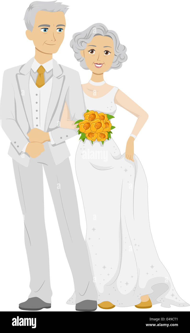 Illustration of an Elderly Couple Wearing a Bridal Gown and a Tuxedo on  Their Golden Wedding Anniversary Stock Photo - Alamy