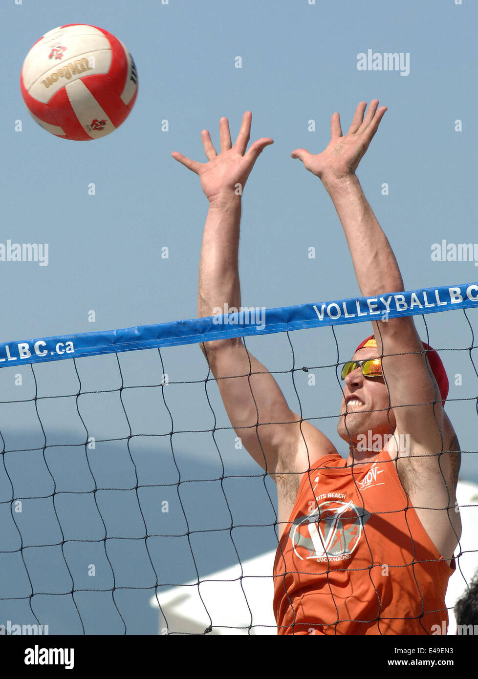 Vancouver, Canada. 6th July, 2014. Players compete during the 2014 Vancouver Open International Beach Volleyball tournament in Vancouver, Canada, on July 6, 2014. © Sergei Bachlakov/Xinhua/Alamy Live News Stock Photo