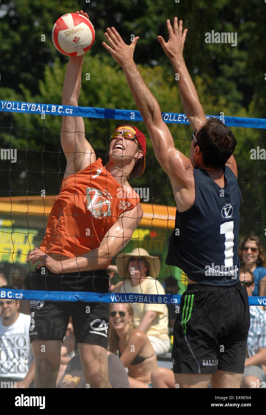 Vancouver, Canada. 6th July, 2014. Players compete during the 2014 Vancouver Open International Beach Volleyball tournament in Vancouver, Canada, on July 6, 2014. © Sergei Bachlakov/Xinhua/Alamy Live News Stock Photo