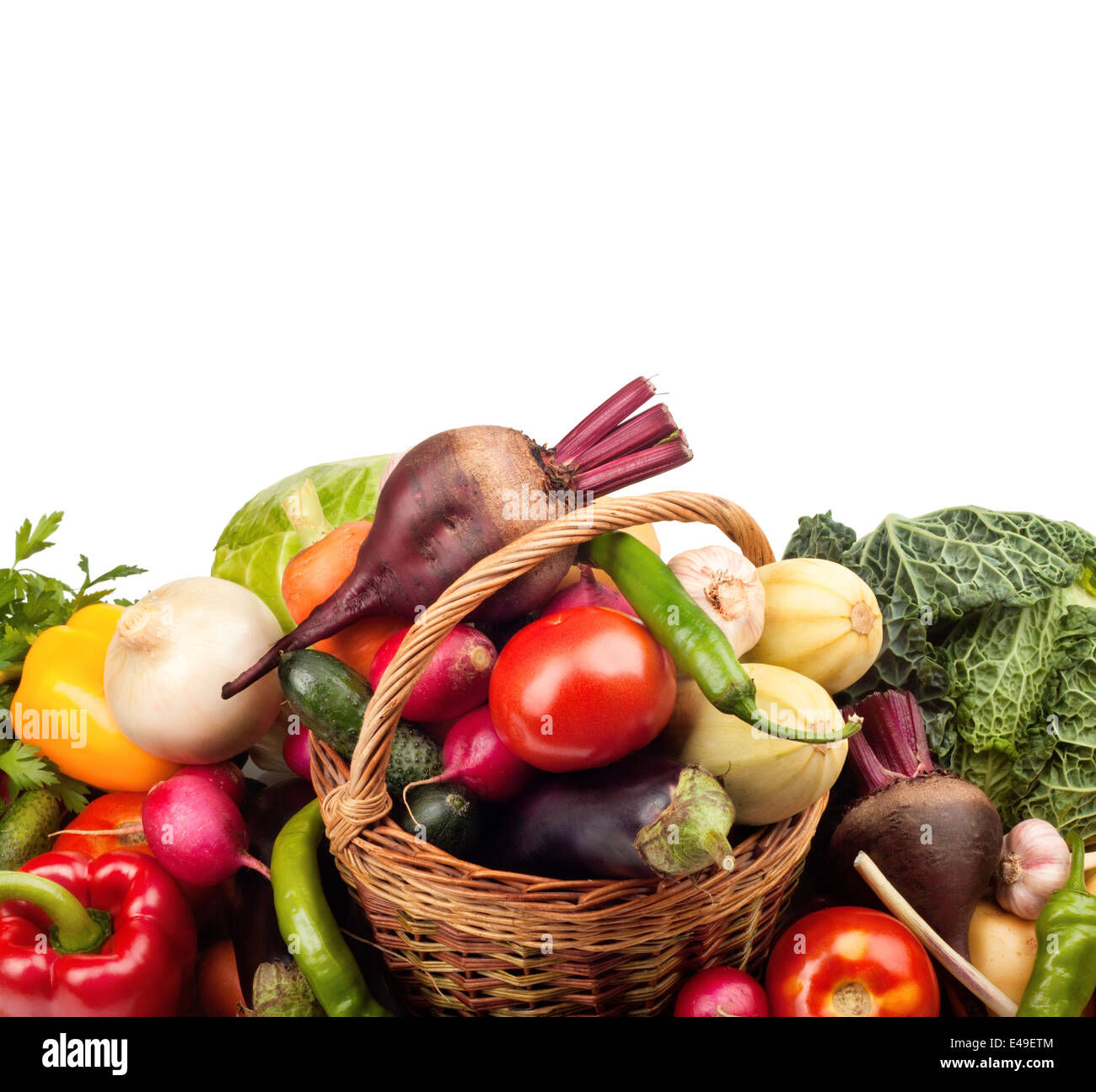 Fresh ripe vegetables on white background Stock Photo