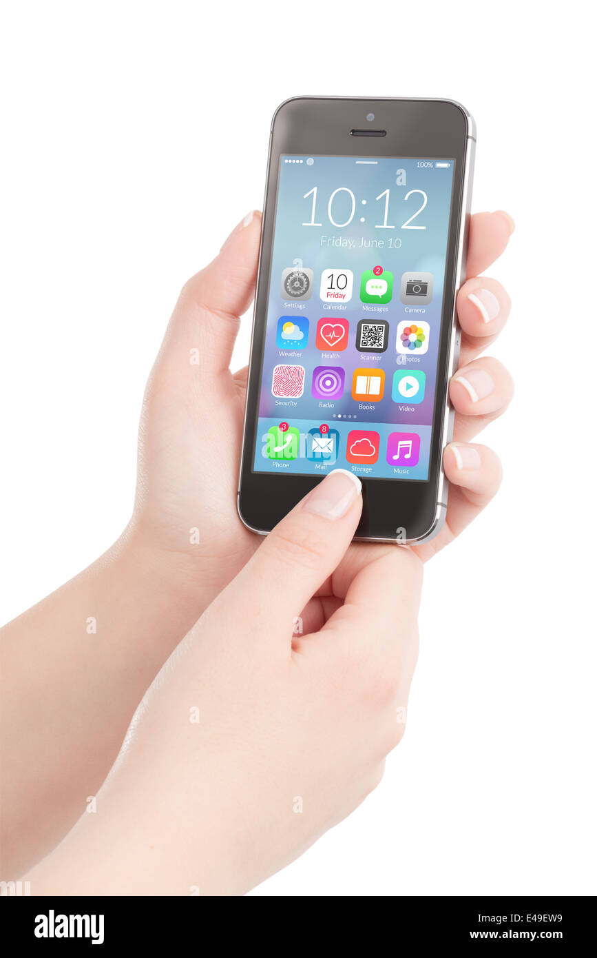 Female hands holding black smart phone with colorful application icons on the screen and pressing button by the thumb. Stock Photo