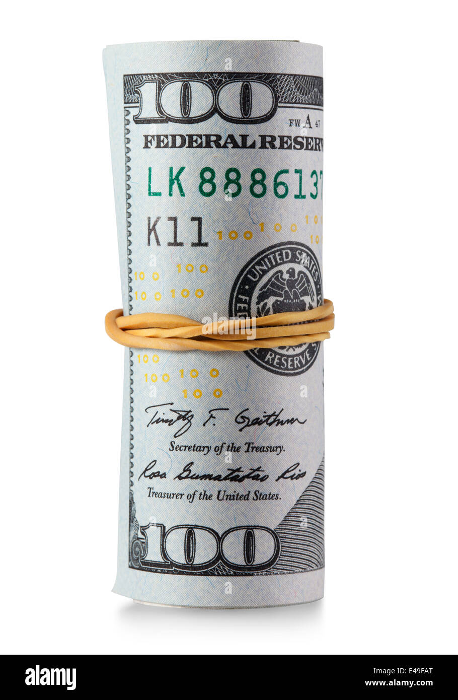 100 dollar bills rolled. Clipping Path Stock Photo