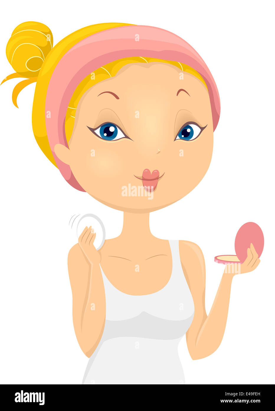 Illustration of a Beautiful Girl Applying Pressed Powder on Her Face Stock Photo