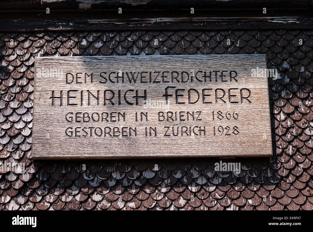 Wooden plaque commemorating Heinrich Federer Swiss writer Stock Photo