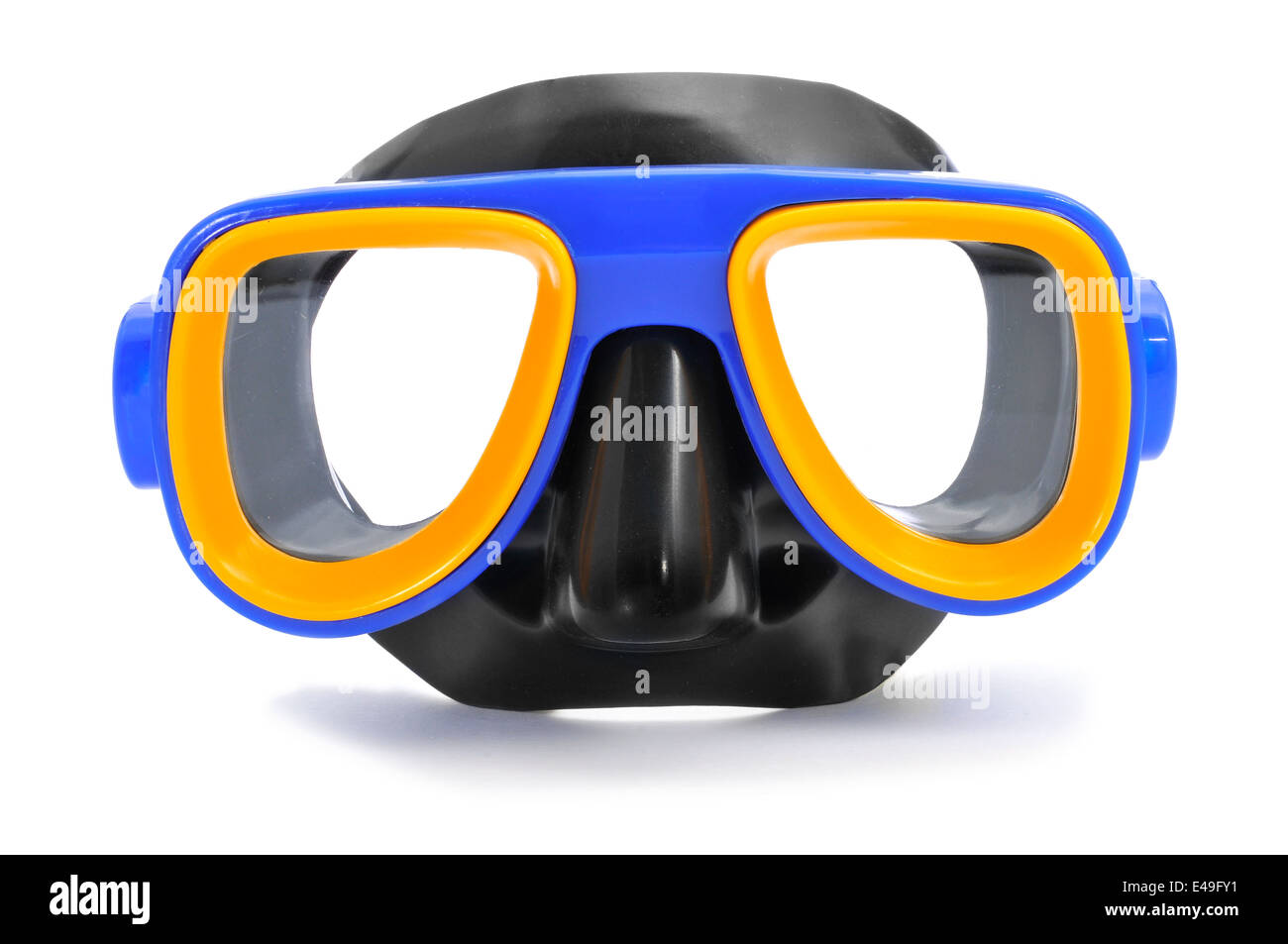 closeup of a blue, yellow and black diving mask on a white background Stock Photo