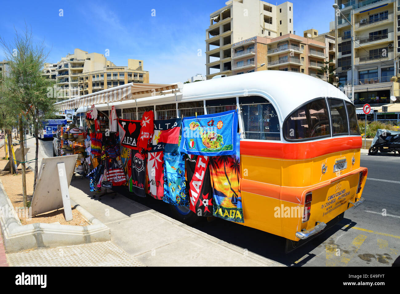 Tourist shop in vintage Maltese bus, Sliema (Tas-Sliema), Northern Harbour District, Malta Xlokk Region, Republic of Malta Stock Photo
