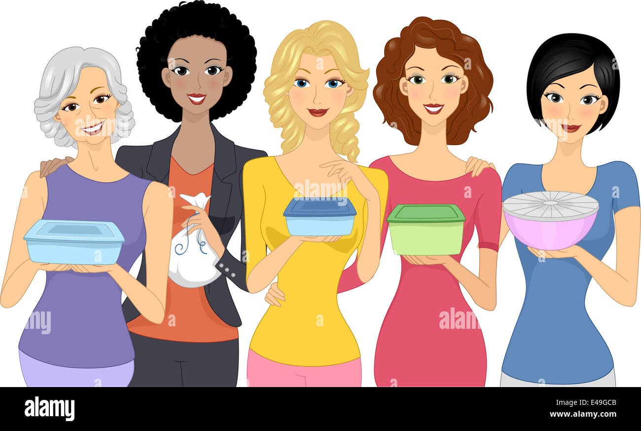 Illustration of Women Carrying Different Food Containers to a Party Stock P...