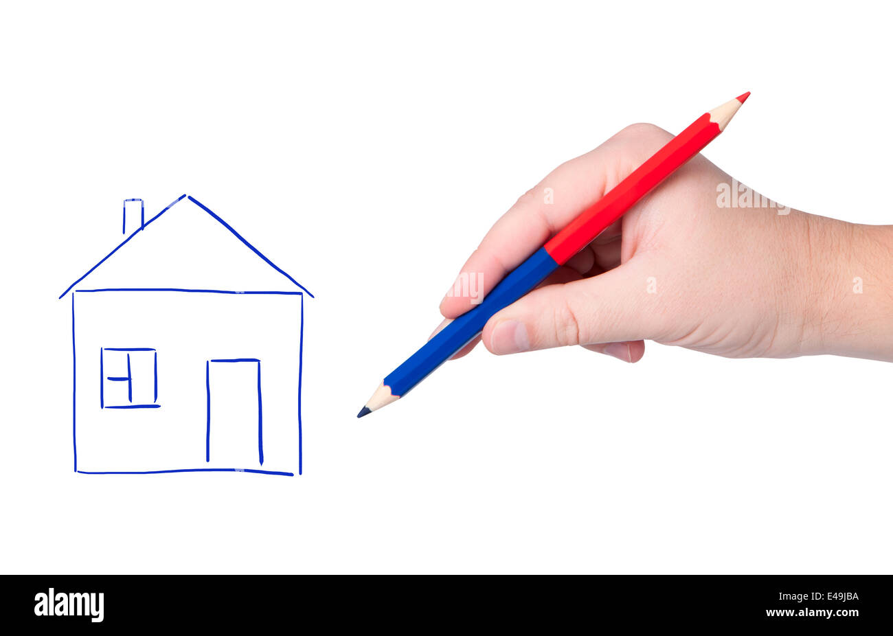 Hand with pencil drawing house. Stock Photo