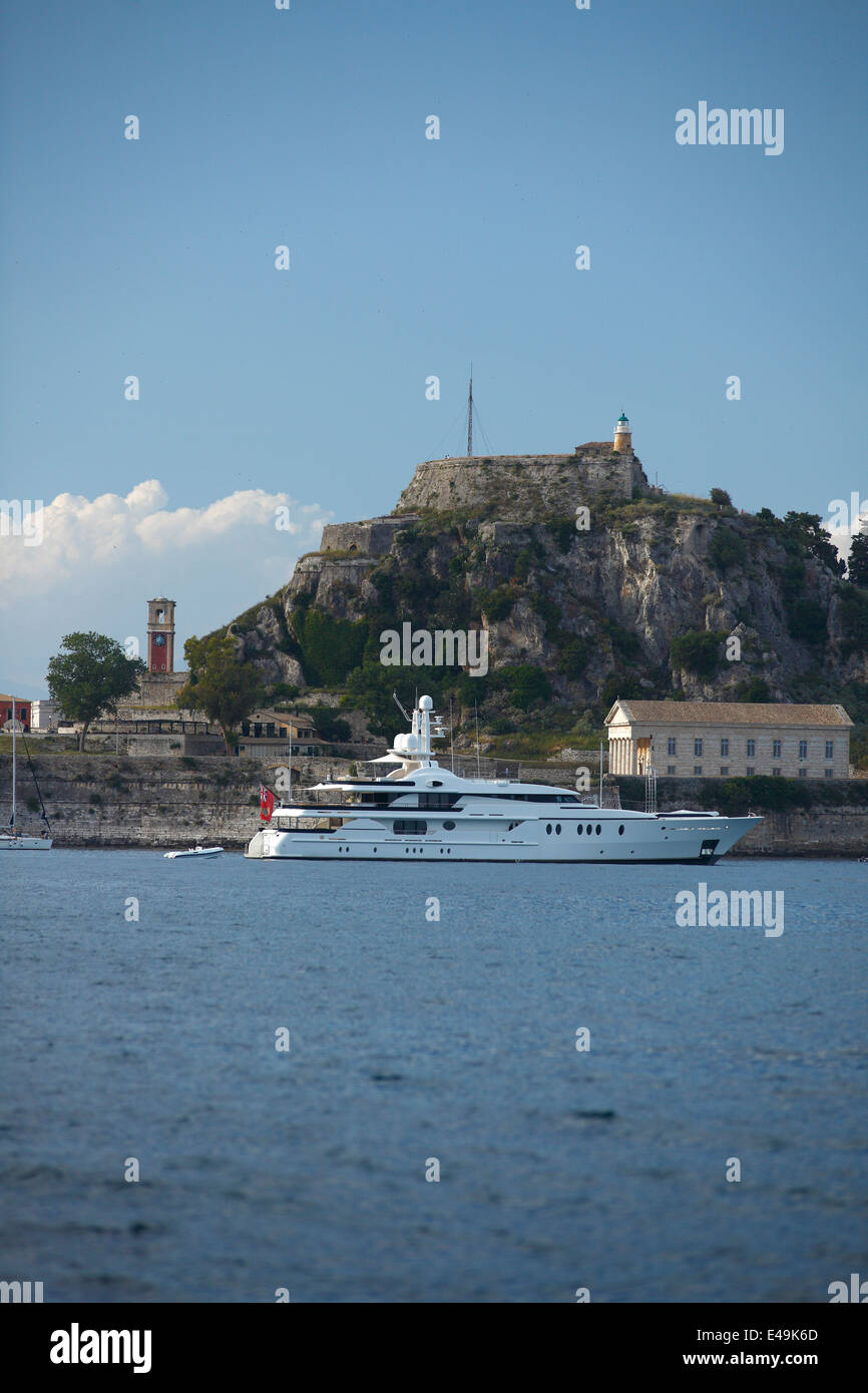 Greece, Ionic Islands, Corfu, yacht in front of the old fortress Stock Photo