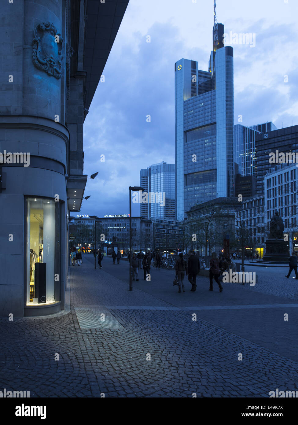 Germany, Hesse, Frankfurt, Shops in the city at dusk Stock Photo