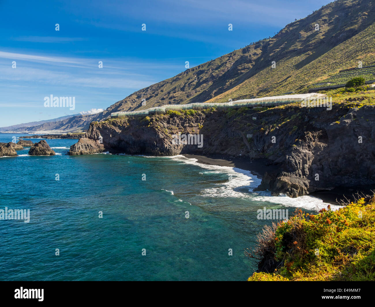Spain, Canary Islands, La Palma, Cliff coast with banana plantation Stock Photo