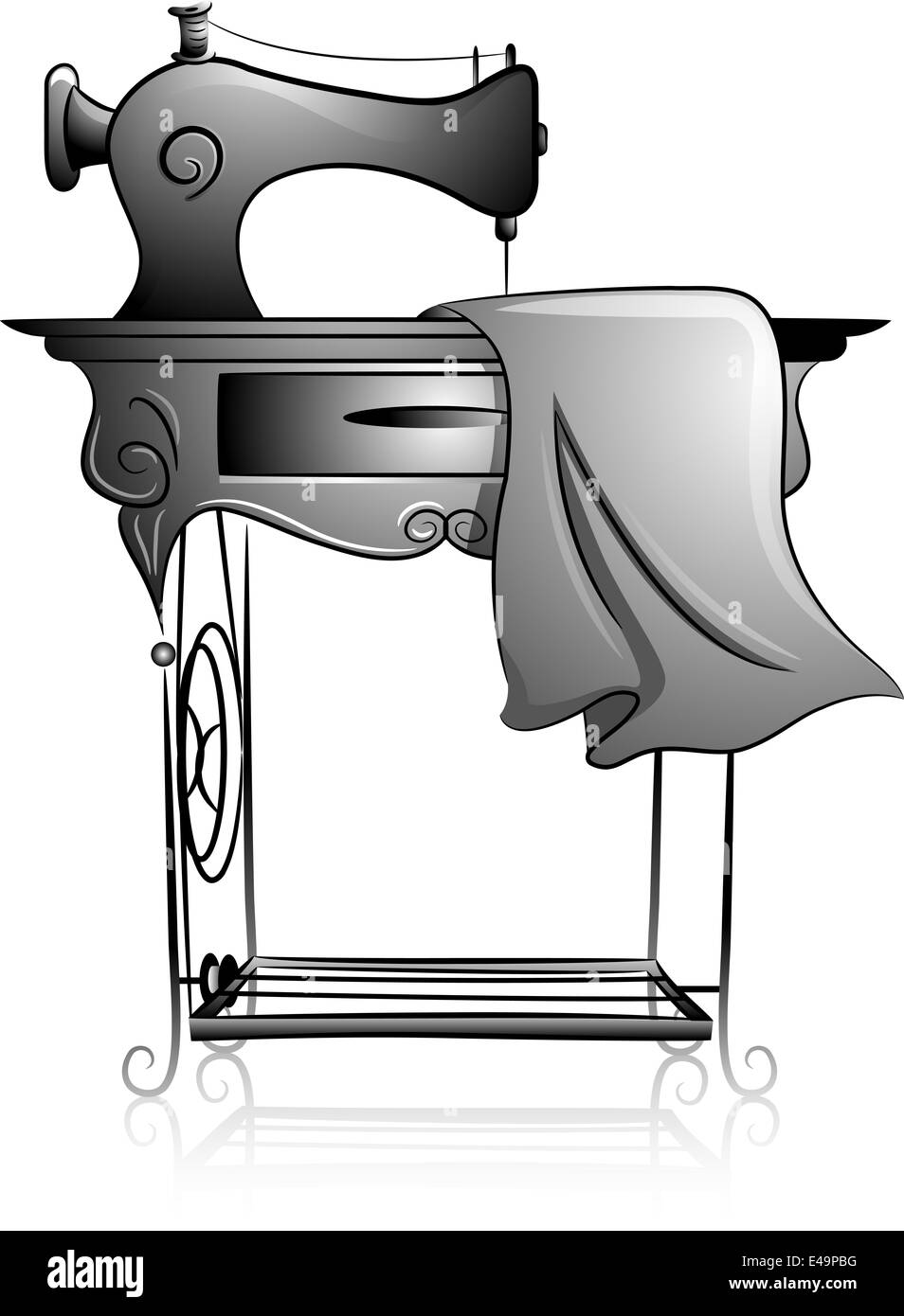 Icon Illustration Featuring a Treadle Sewing Machine Drawn in Black and White Stock Photo
