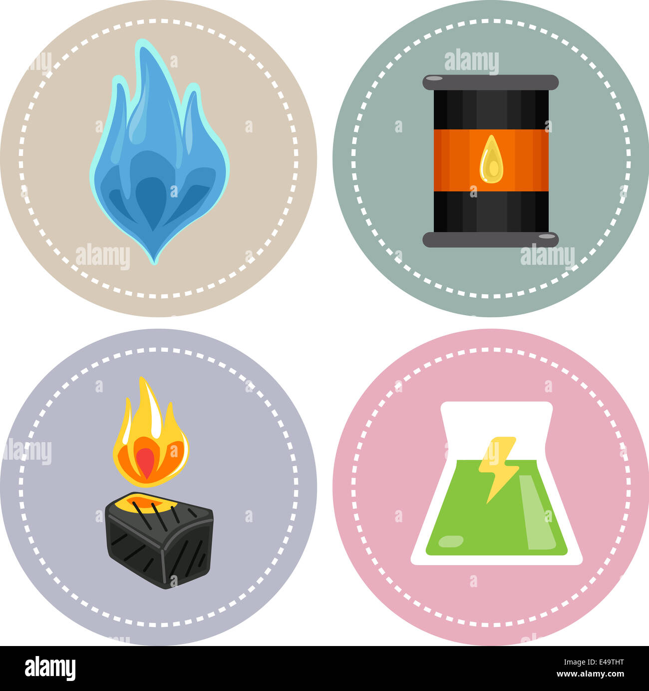 Icon Illustration Featuring Sources of Non-renewable Energy (natural gas, oil, coal and nuclear) Stock Photo