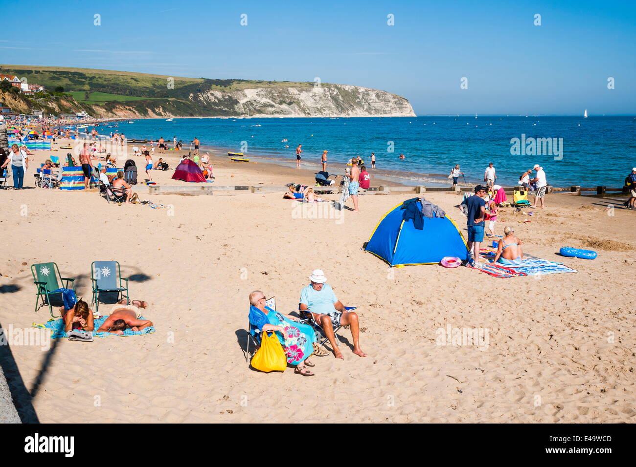 Beach and white cliffs in summer, Swanage, Dorset, England, United Kingdom, Europe Stock Photo