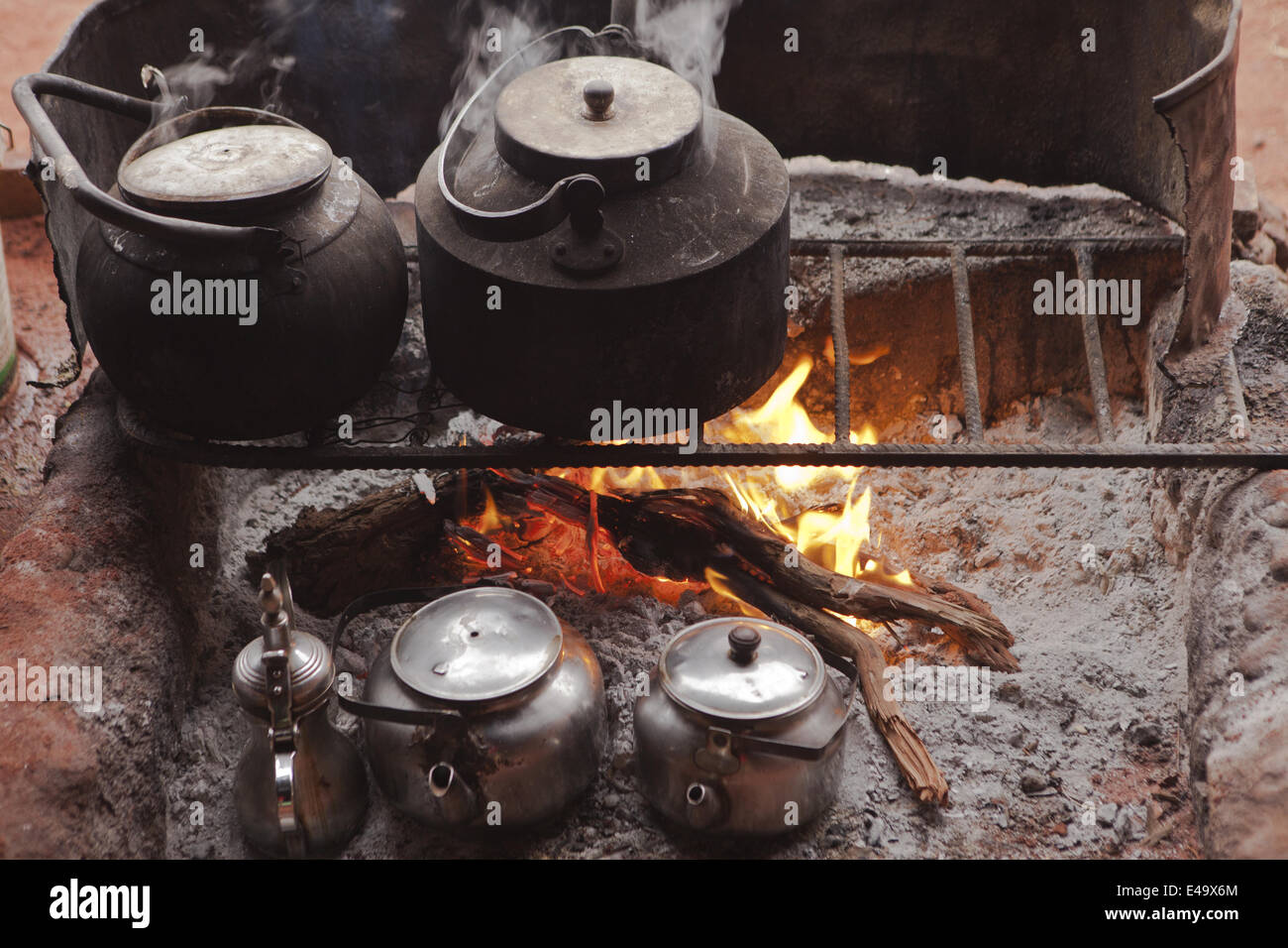 Tea pot on campfire, Jordan Stock Photo