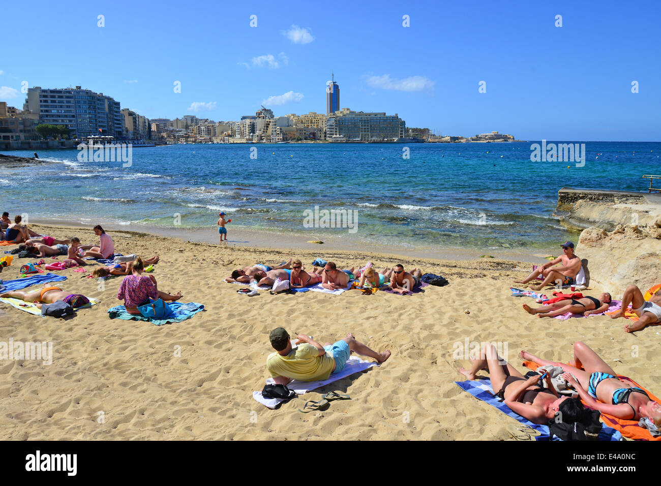 Small beach on seafront, Sliema (Tas-Sliema), Northern Harbour District, Malta Xlokk Region, Republic of Malta Stock Photo
