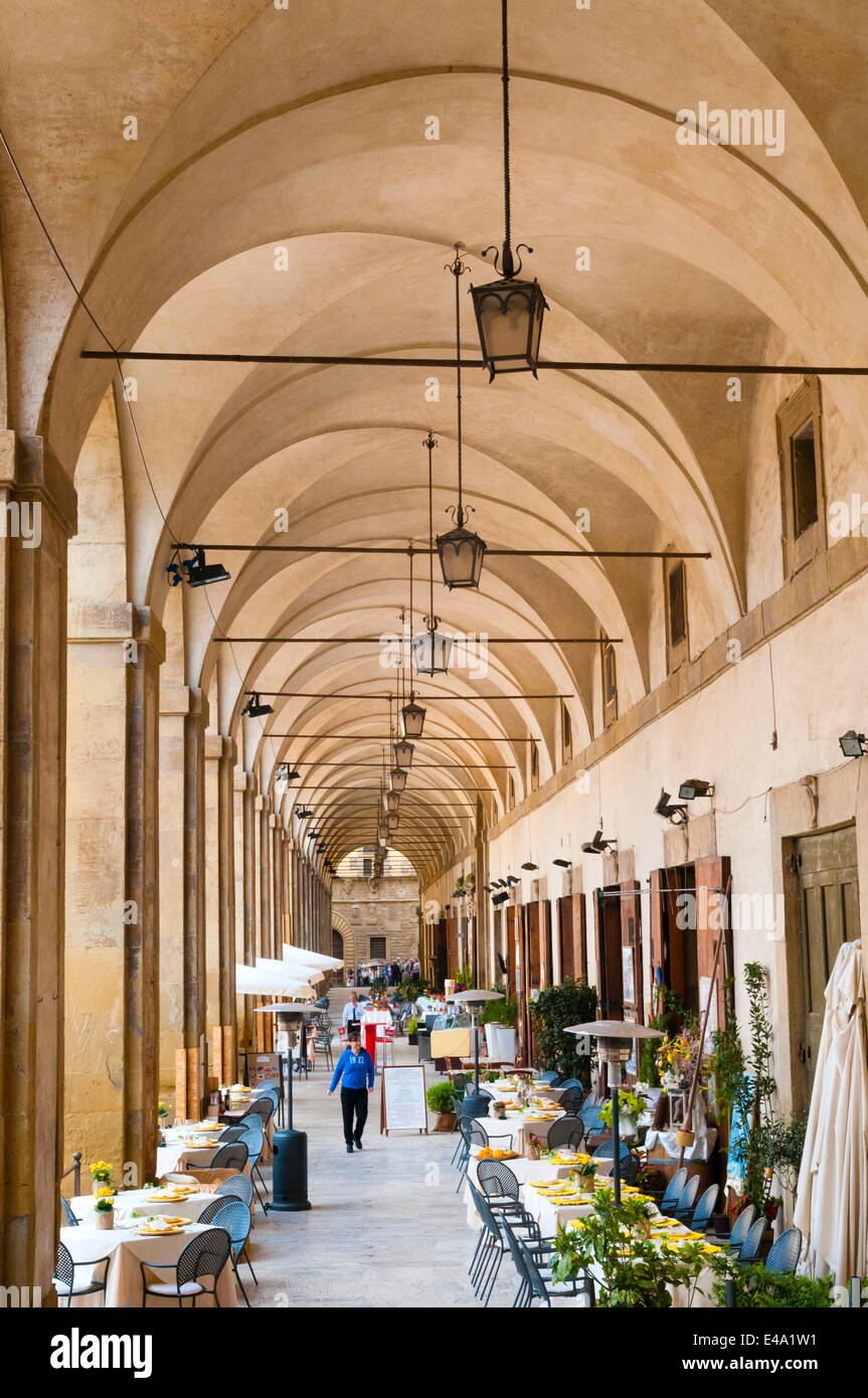 Restaurants at Loggia of Vasari, Piazza Vasari or Piazza Grande, Arezzo, Tuscany, Italy, Europe Stock Photo