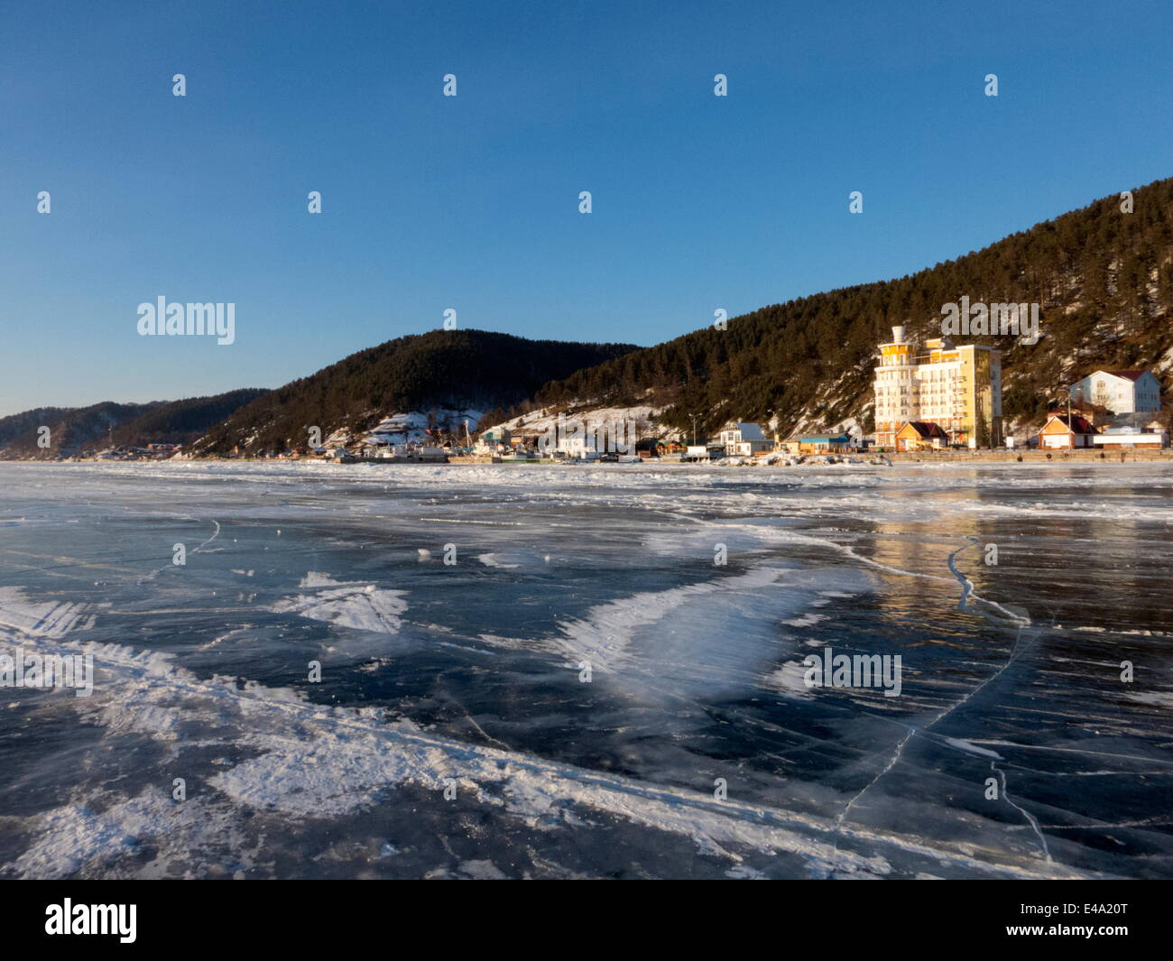 One metre thick ice on the surface of frozen Lake Baikal, Village of Listvyanka near Irkutsk, Siberia, Russia, Eurasia Stock Photo