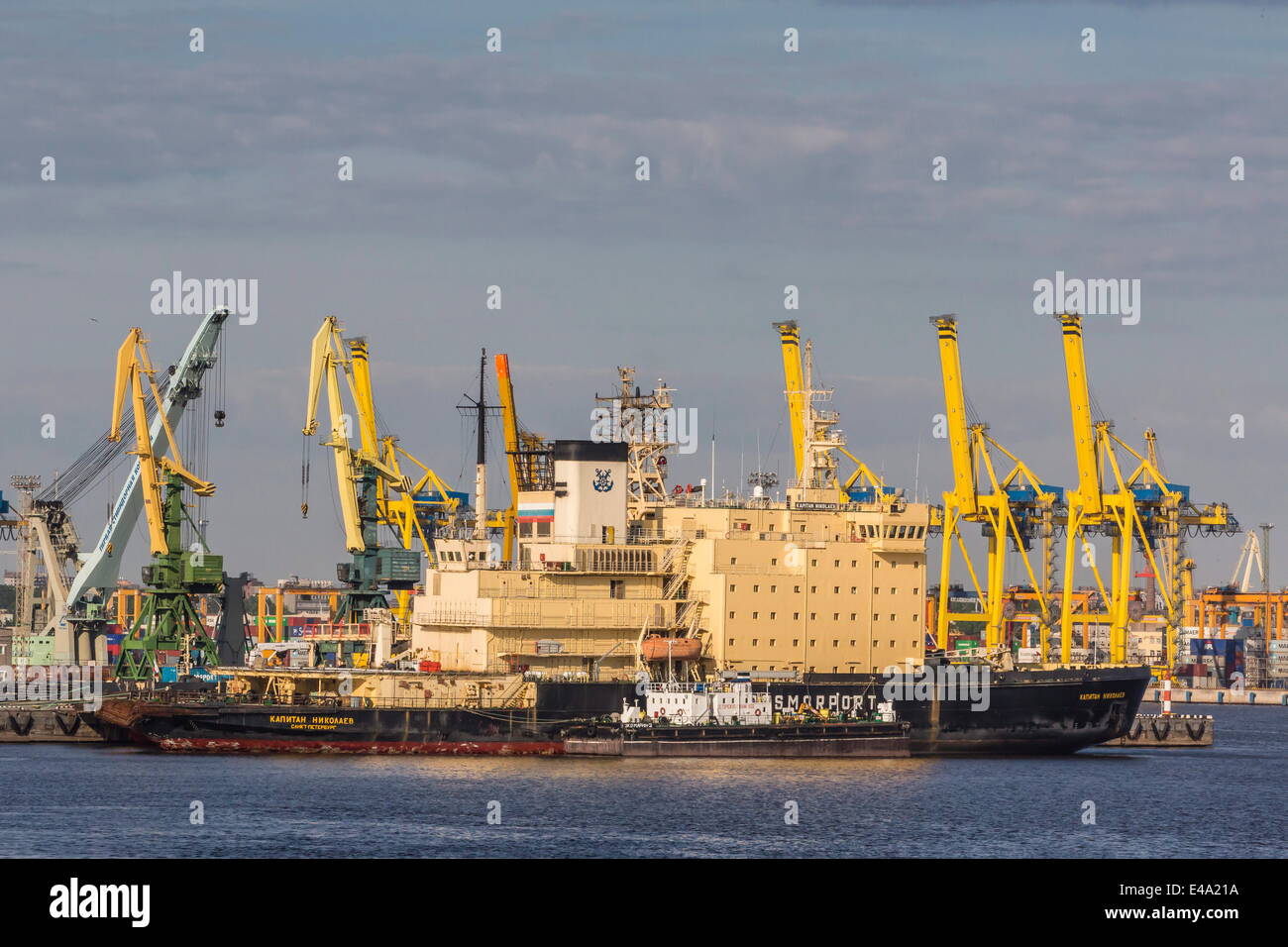 The busy shipyards in the Sea Port of St. Petersburg, on the Neva River, Russia, Europe Stock Photo