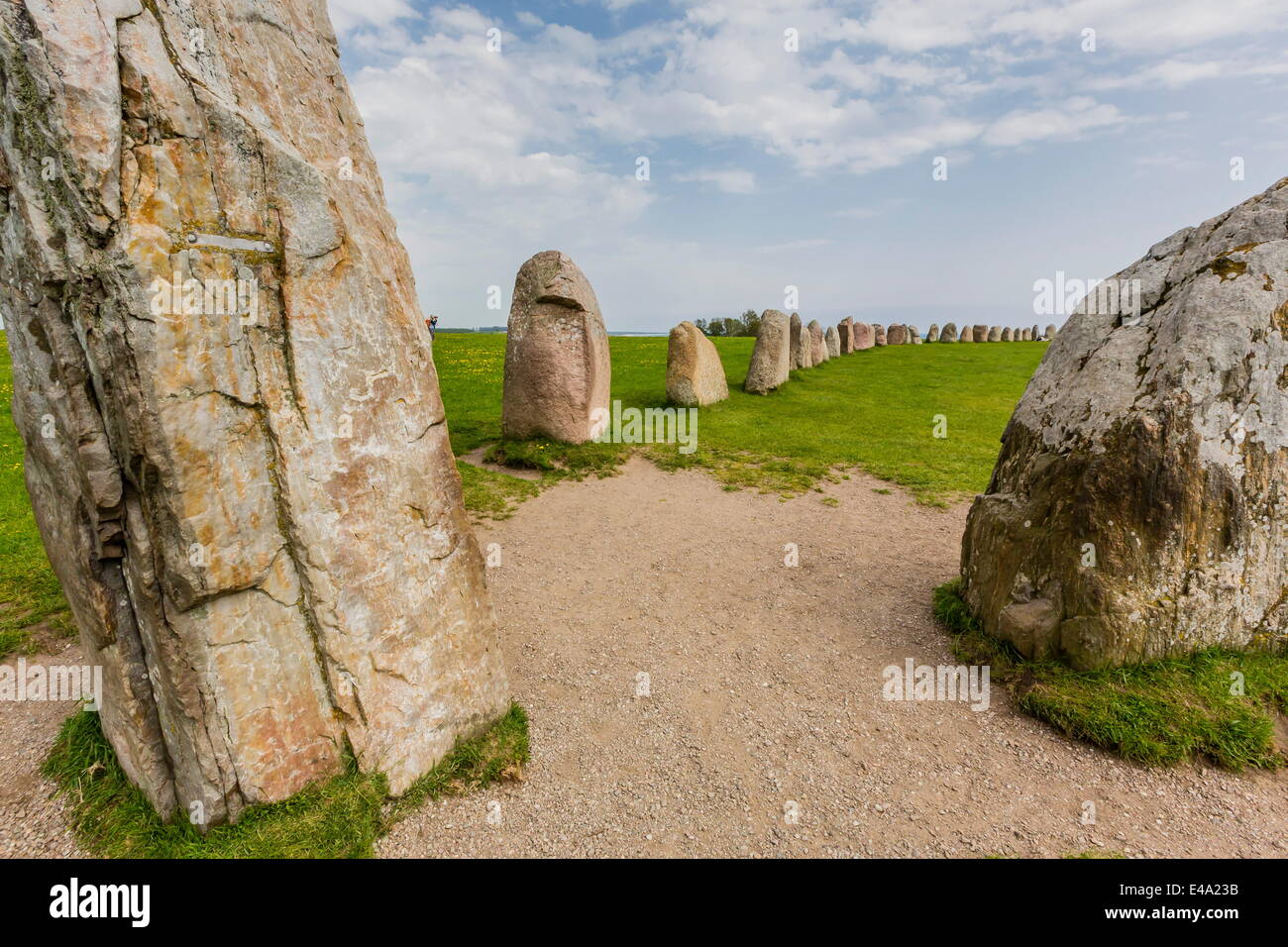 The standing stones in a shape of a ship known as Als Stene (Aleos Stones) (Ale's Stones), Baltic Sea, southern Sweden Stock Photo