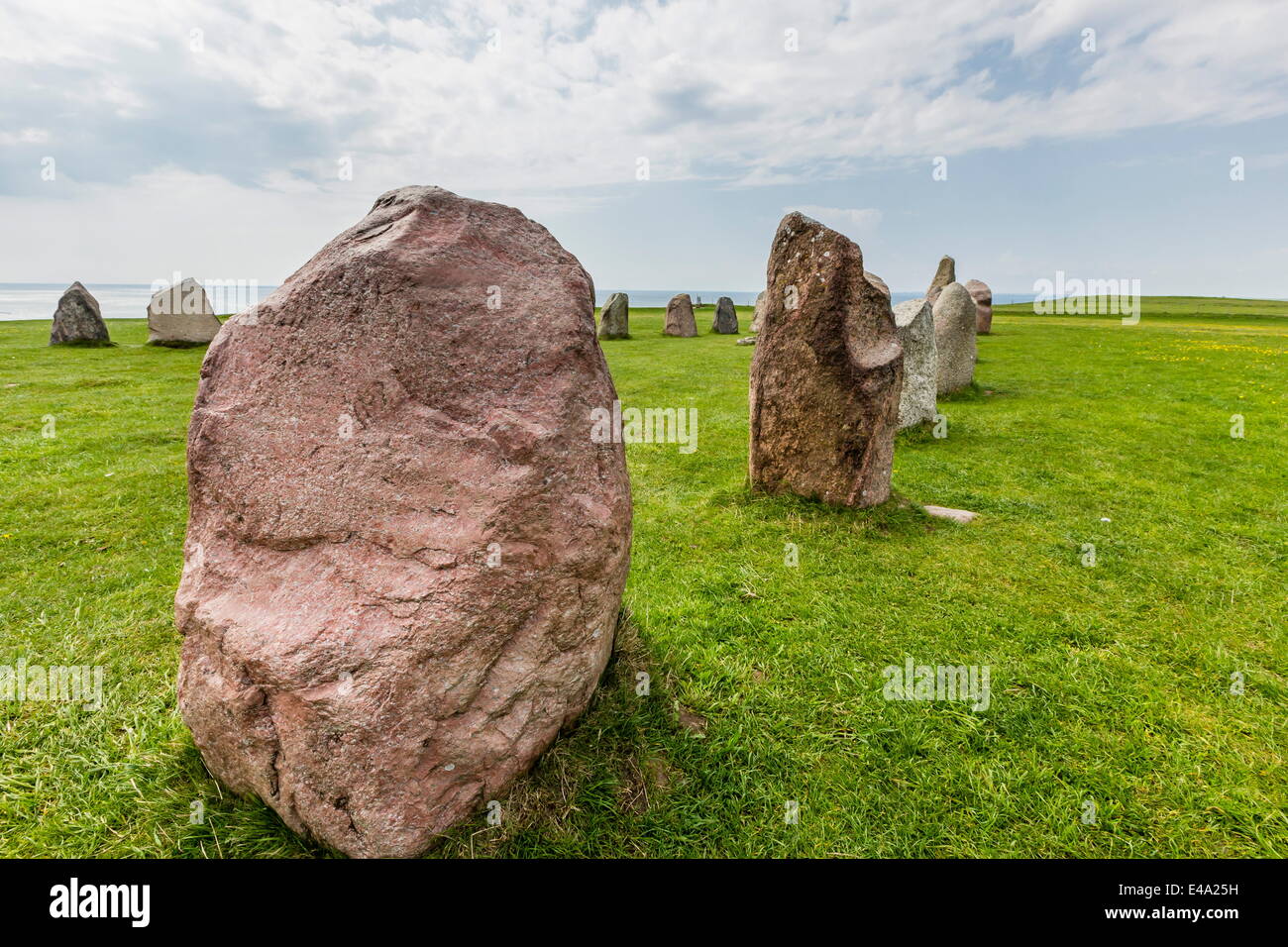 The standing stones in a shape of a ship known as Als Stene (Aleos Stones) (Ale's Stones), Baltic Sea, southern Sweden Stock Photo