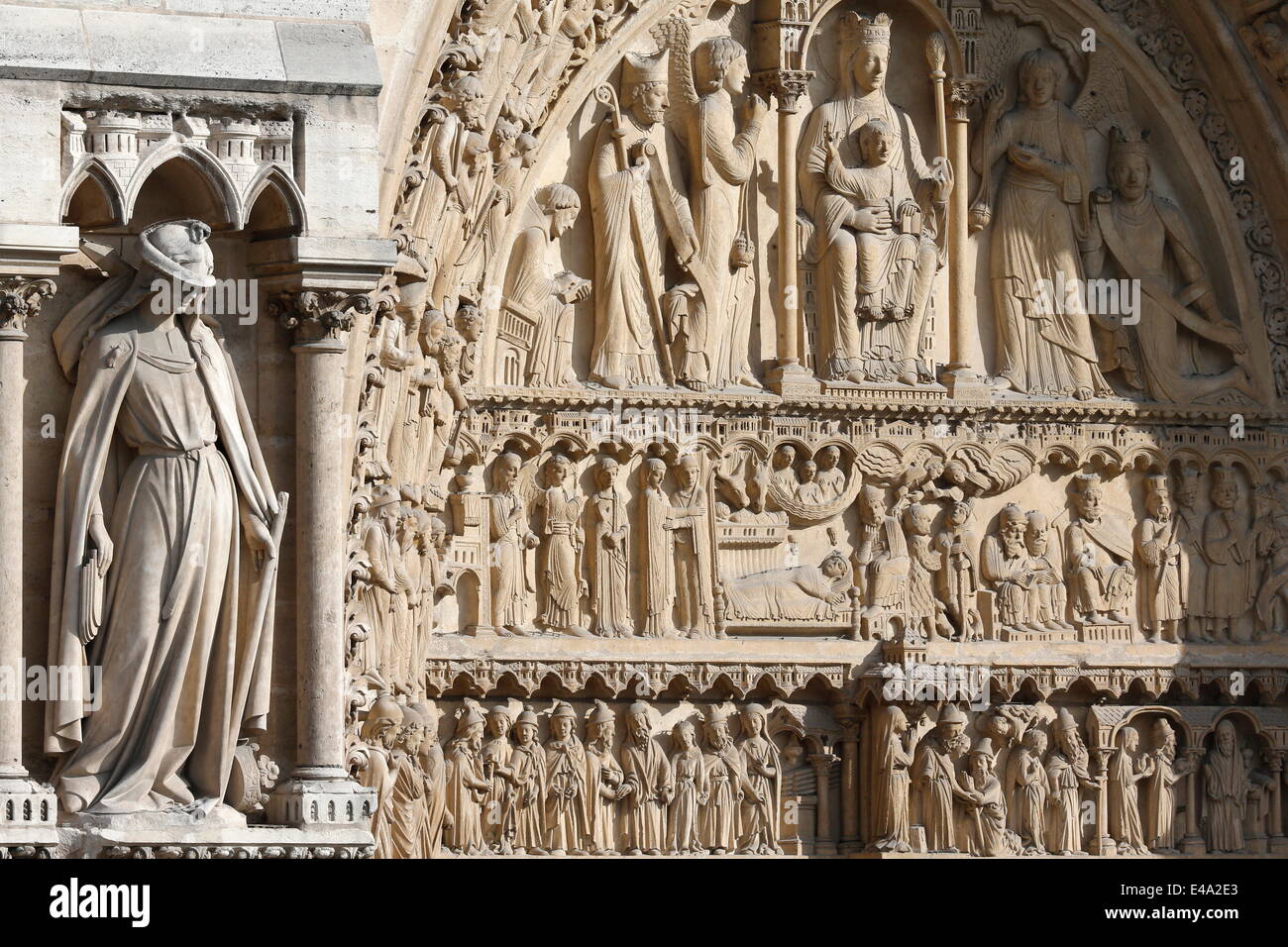 Statue of the Synagogue, St. Anne portal, Western facade, Notre Dame de Paris Cathedral, Paris, France, Europe Stock Photo