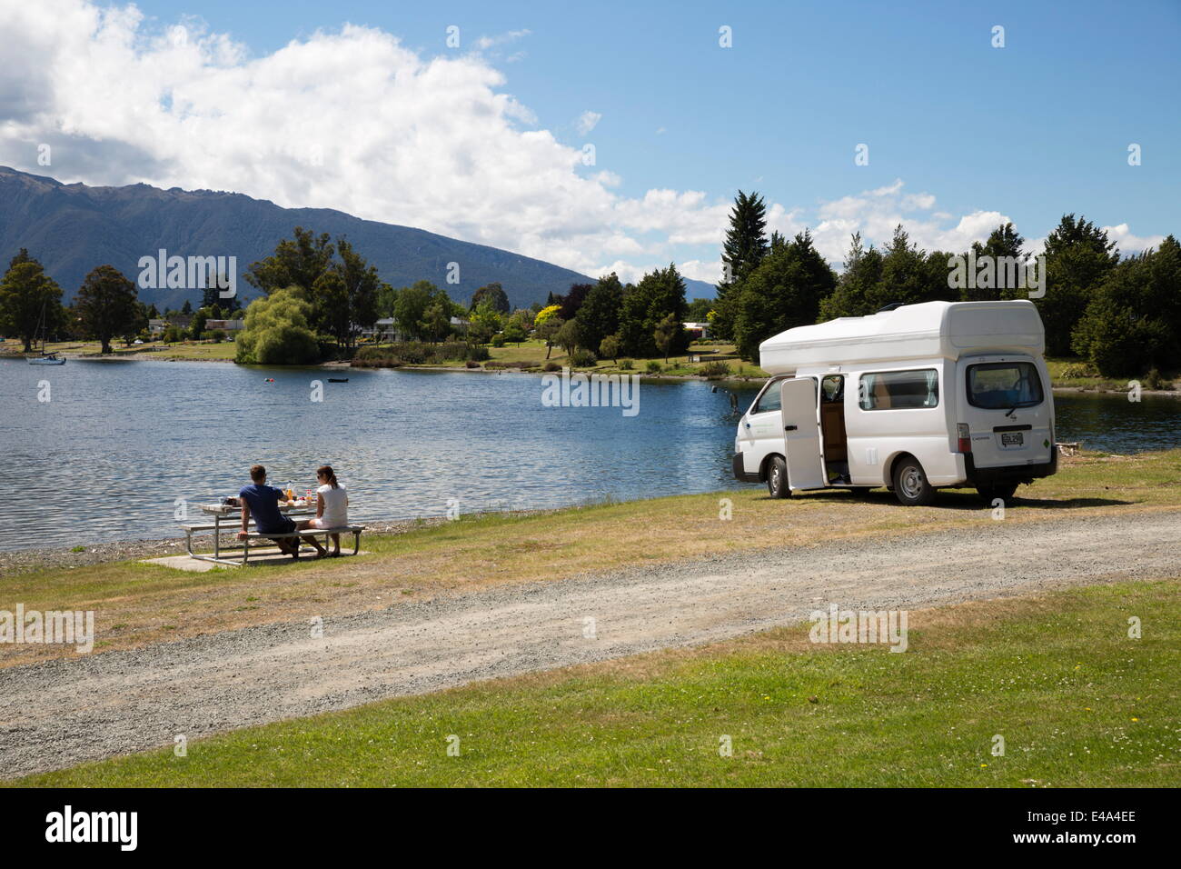Campervan beside Lake Te Anau, Te Anau, Southland, South Island, New Zealand, Pacific Stock Photo