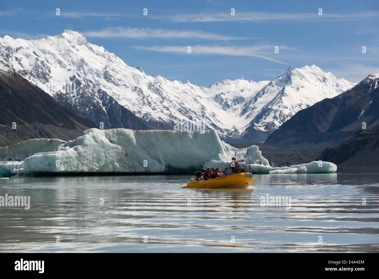 Boat tour with icebergs, Tasman Lake, Mount Cook National Park, UNESCO, Canterbury region, South Island, New Zealand, Pacific Stock Photo
