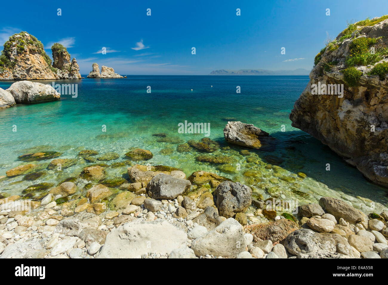 Lovely limestone cove at the Tonnara di Scopello, an old tuna fishery and now a popular beauty spot, Scopello, Trapani, Sicily Stock Photo