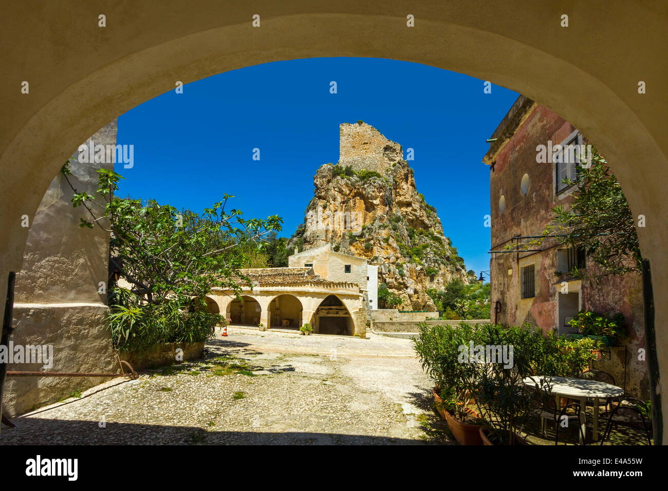 Old tower and buildings at the Tonnara di Scopello, an old tuna fishery and now a popular beauty spot, Scopello, Trapani, Sicily Stock Photo