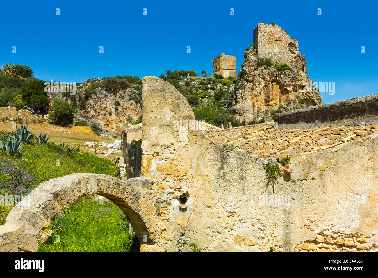 Old towers and buildings at the Tonnara di Scopello, an old tuna fishery, Scopello, Trapani, Sicily Stock Photo